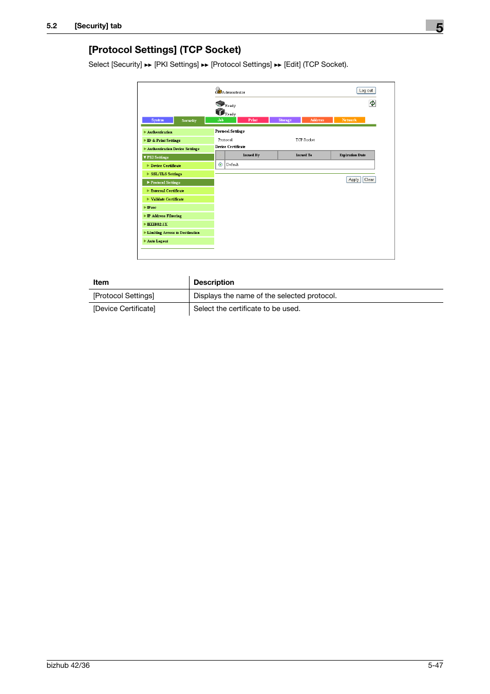 Protocol settings] (tcp socket), Protocol settings] (tcp socket) -47 | Konica Minolta bizhub 42 User Manual | Page 135 / 284