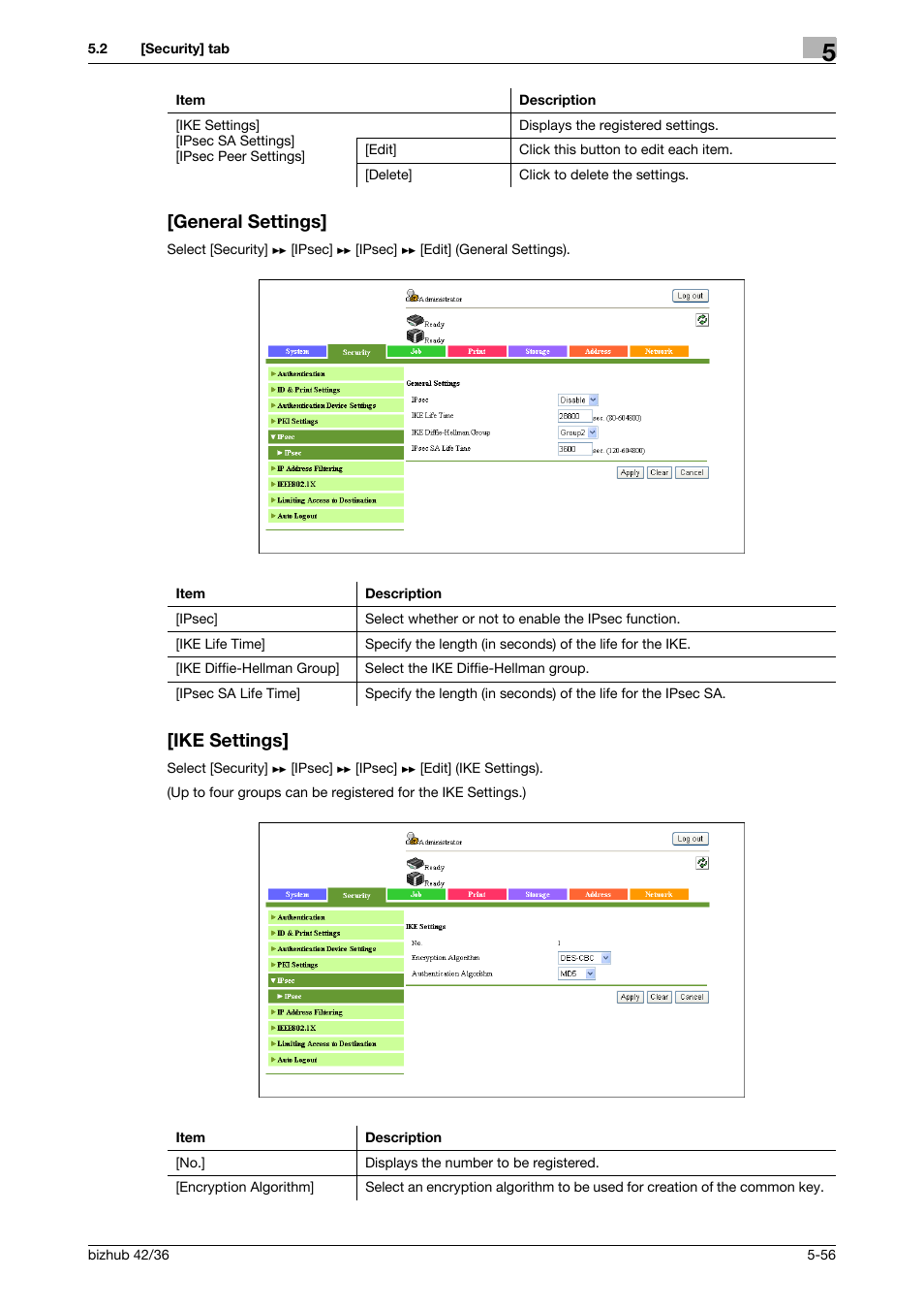 General settings, Ike settings, General settings] -56 [ike settings] -56 | Konica Minolta bizhub 42 User Manual | Page 144 / 284