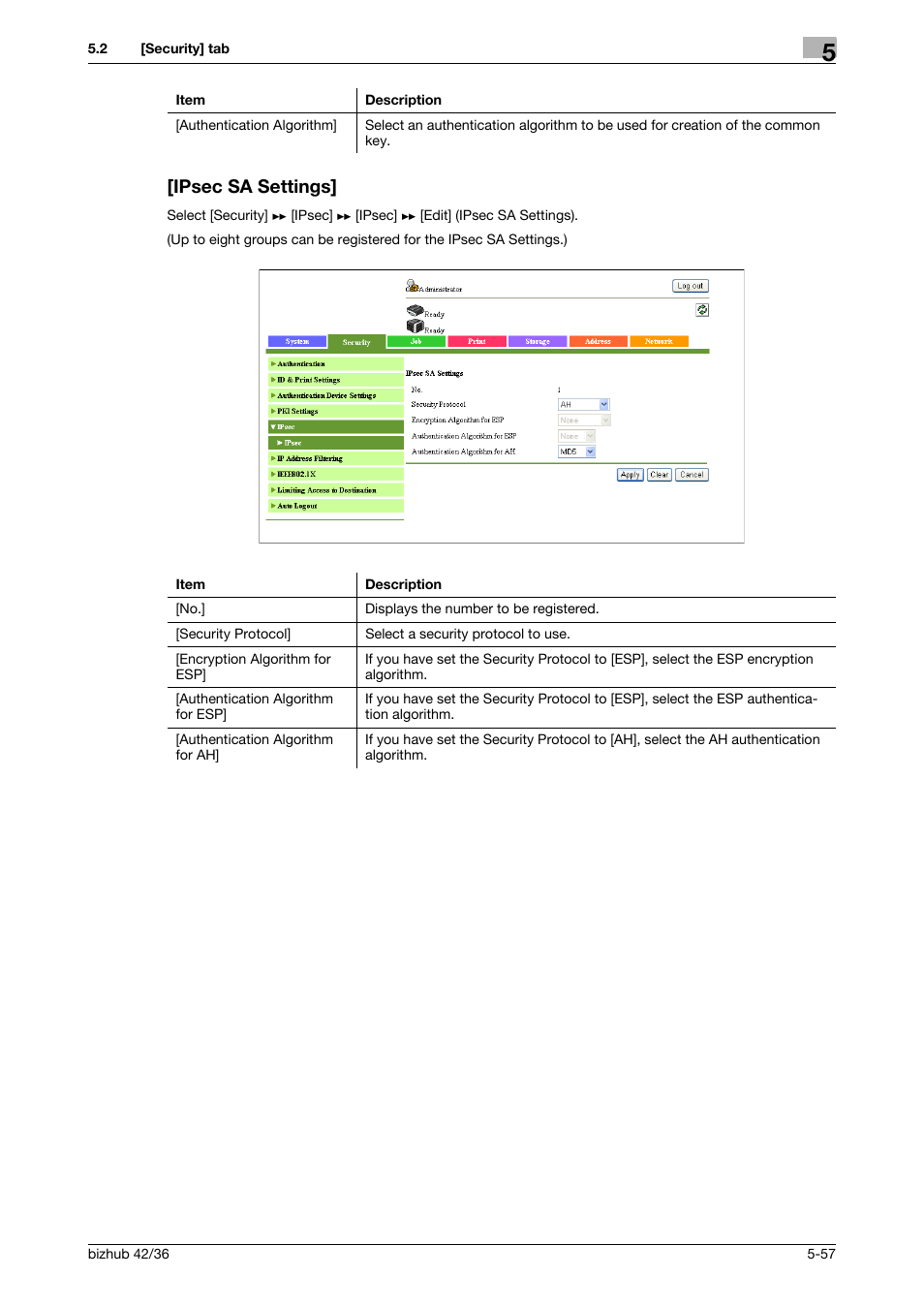 Ipsec sa settings, Ipsec sa settings] -57 | Konica Minolta bizhub 42 User Manual | Page 145 / 284