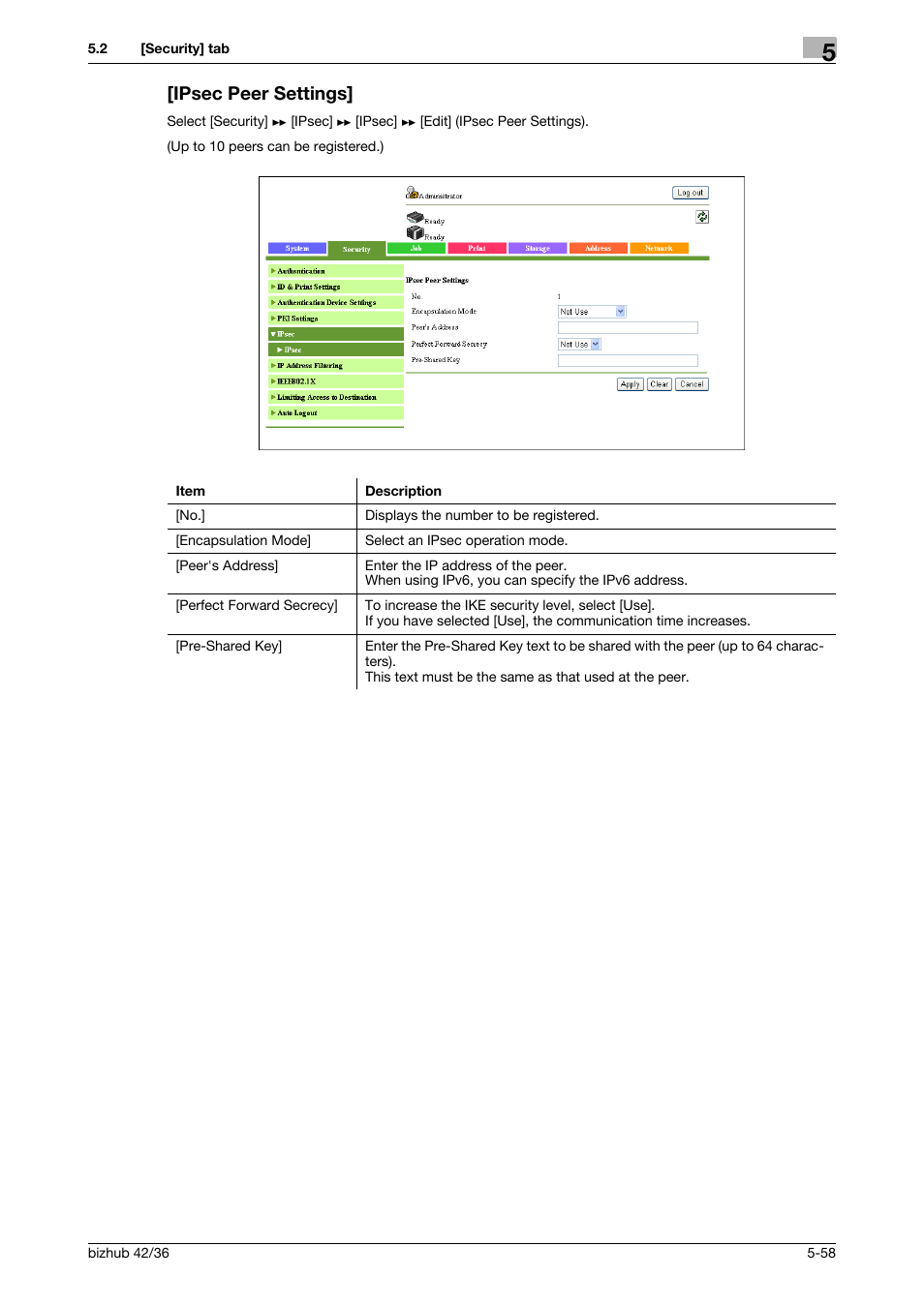 Ipsec peer settings, Ipsec peer settings] -58 | Konica Minolta bizhub 42 User Manual | Page 146 / 284