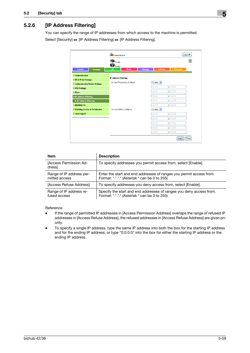 6 [ip address filtering, Ip address filtering] -59 | Konica Minolta bizhub 42 User Manual | Page 147 / 284