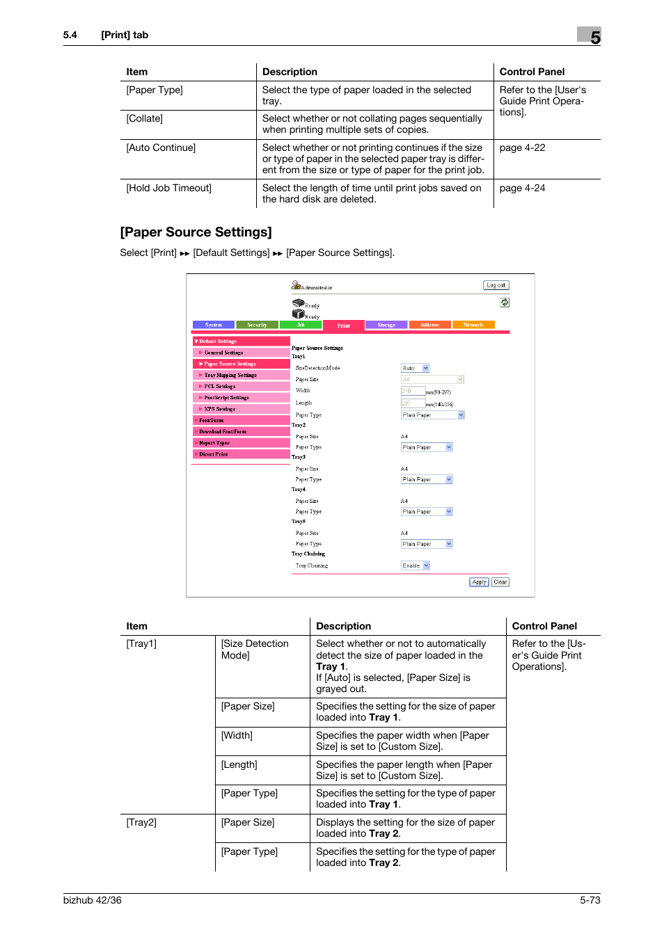 Paper source settings, Paper source settings] -73 | Konica Minolta bizhub 42 User Manual | Page 161 / 284