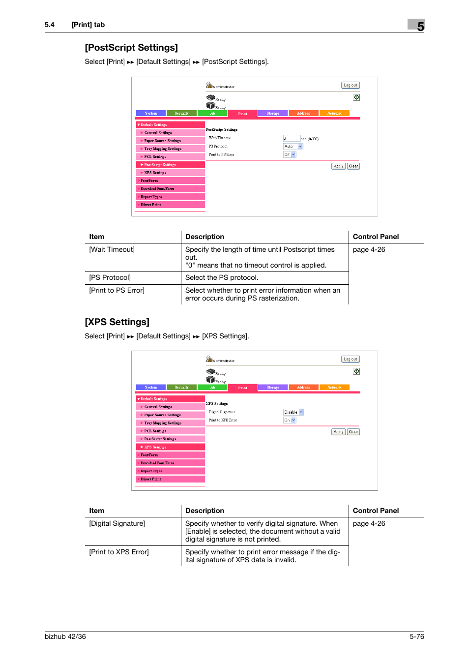 Postscript settings, Xps settings, Postscript settings] -76 [xps settings] -76 | Konica Minolta bizhub 42 User Manual | Page 164 / 284