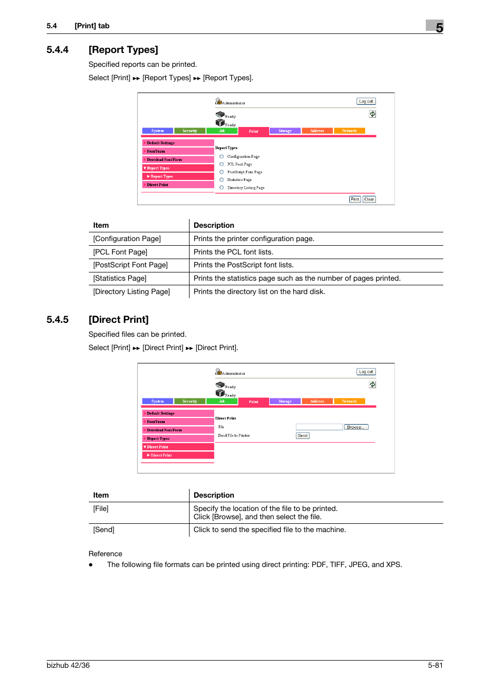 4 [report types, 5 [direct print, Report types] -81 | Direct print] -81 | Konica Minolta bizhub 42 User Manual | Page 169 / 284