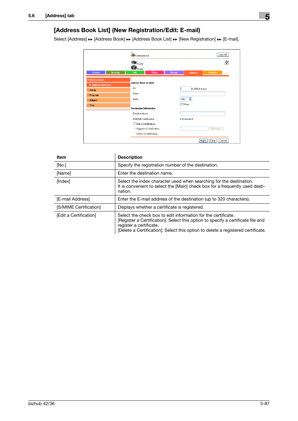 Address book list] (new registration/edit: e-mail) | Konica Minolta bizhub 42 User Manual | Page 175 / 284