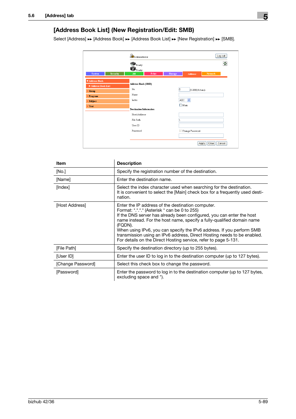 Address book list] (new registration/edit: smb) | Konica Minolta bizhub 42 User Manual | Page 177 / 284