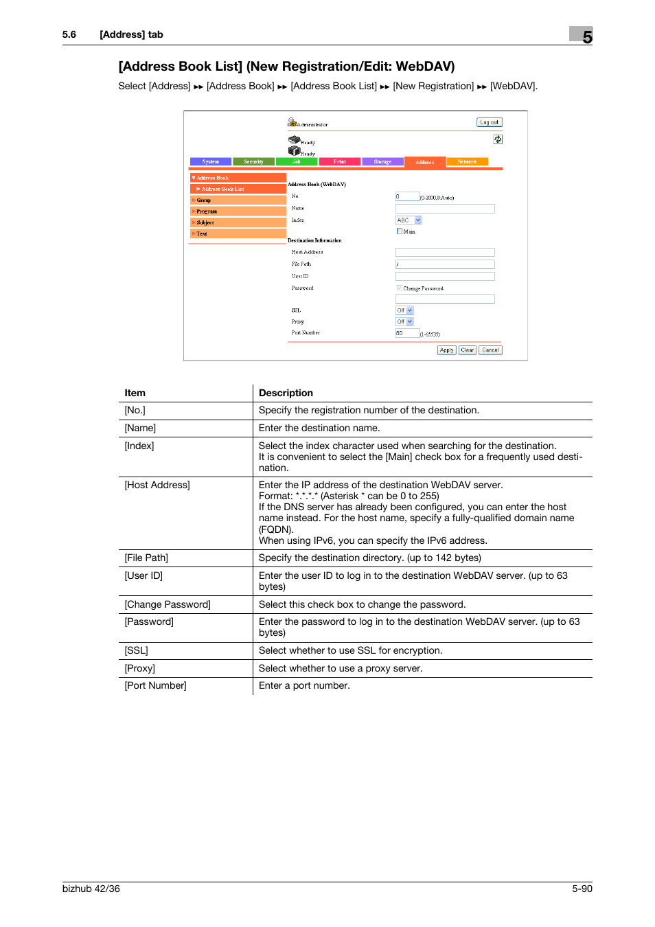 Address book list] (new registration/edit: webdav) | Konica Minolta bizhub 42 User Manual | Page 178 / 284