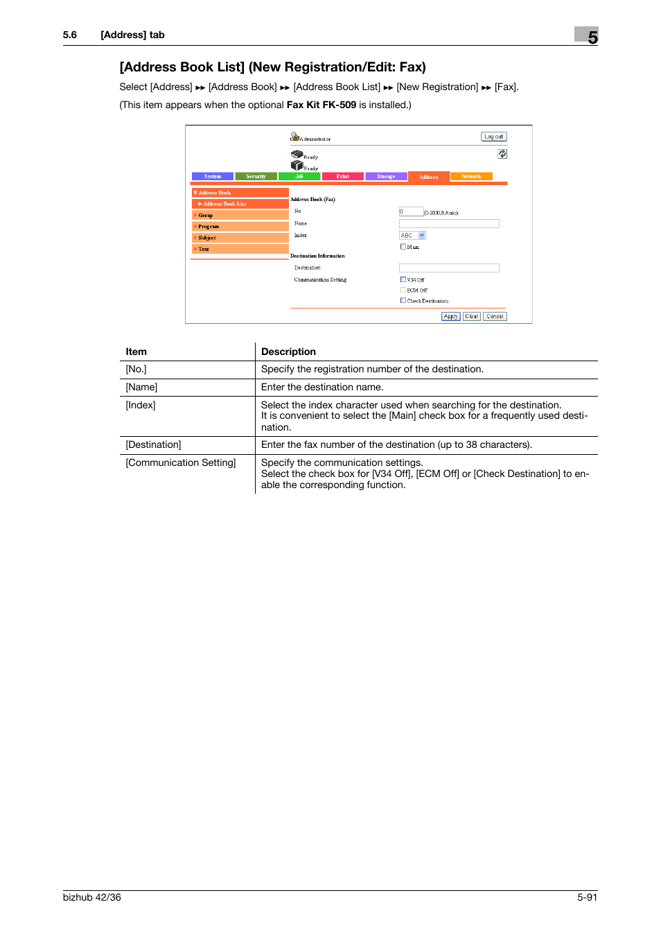 Address book list] (new registration/edit: fax) | Konica Minolta bizhub 42 User Manual | Page 179 / 284