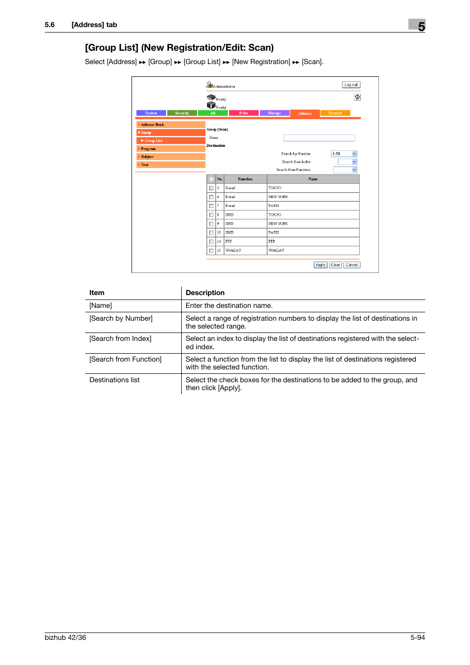 Group list] (new registration/edit: scan), Group list] (new registration/edit: scan) -94 | Konica Minolta bizhub 42 User Manual | Page 182 / 284