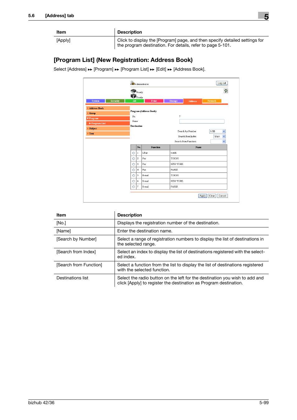 Program list] (new registration: address book), Program list] (new registration: address book) -99 | Konica Minolta bizhub 42 User Manual | Page 187 / 284