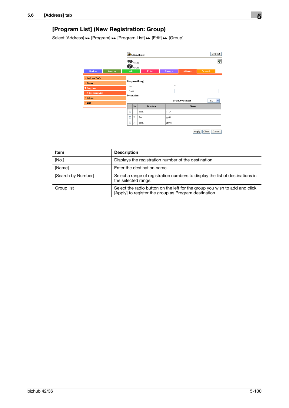 Program list] (new registration: group), Program list] (new registration: group) -100 | Konica Minolta bizhub 42 User Manual | Page 188 / 284