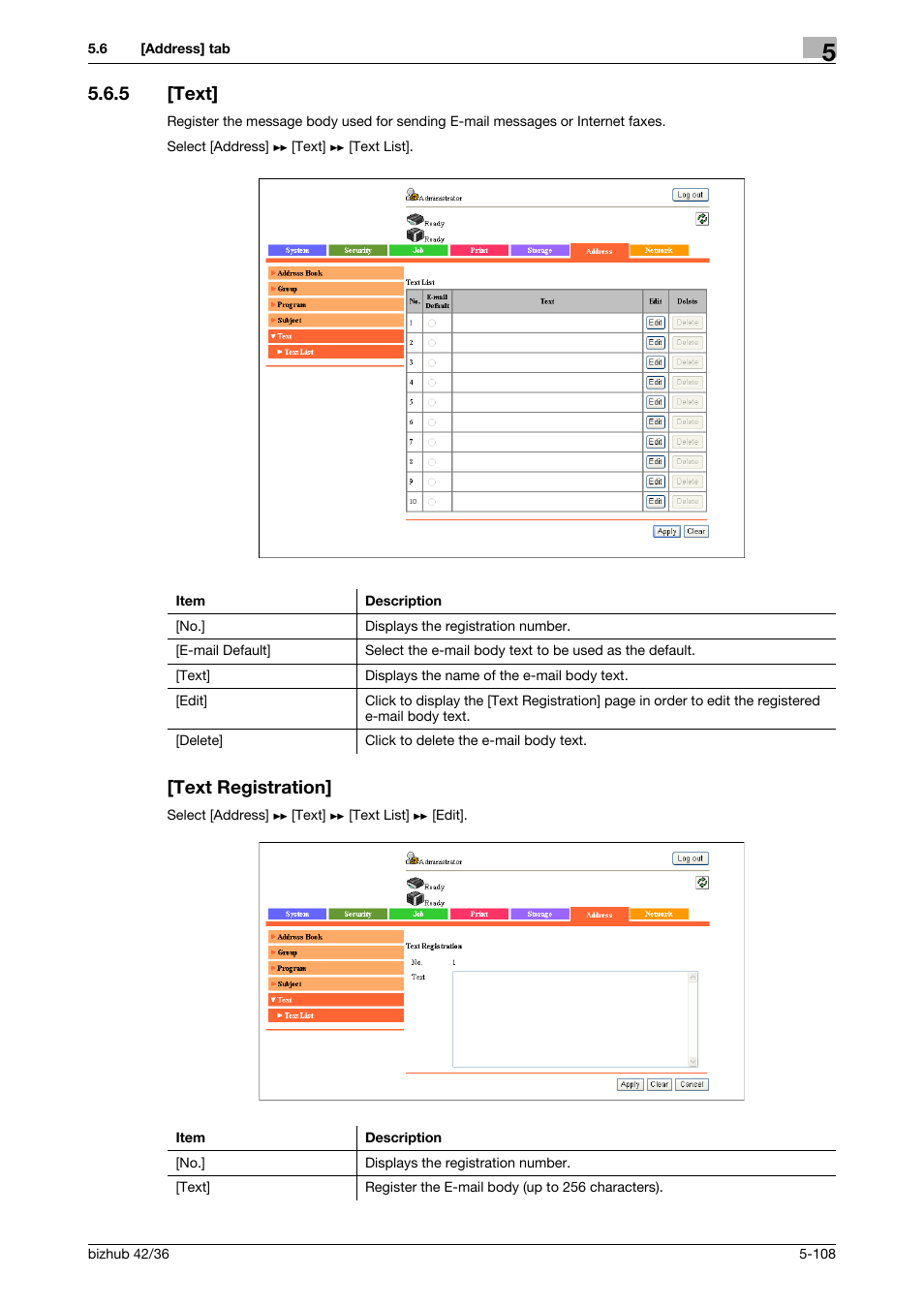 5 [text, Text registration, Text] -108 [text registration] -108 | Konica Minolta bizhub 42 User Manual | Page 196 / 284