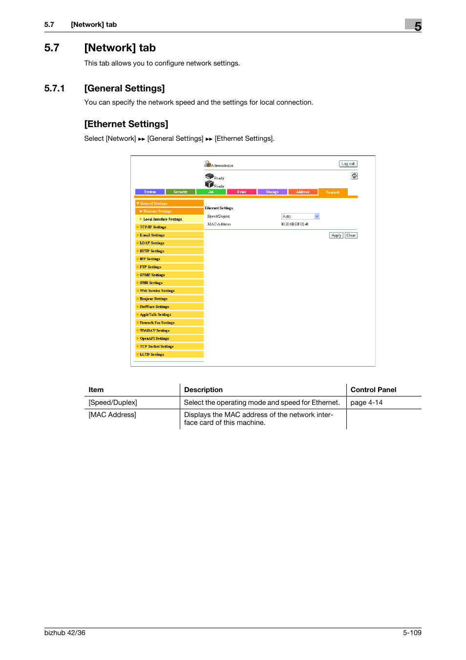 7 [network] tab, 1 [general settings, Ethernet settings | Network] tab -109, General settings] -109 [ethernet settings] -109 | Konica Minolta bizhub 42 User Manual | Page 197 / 284