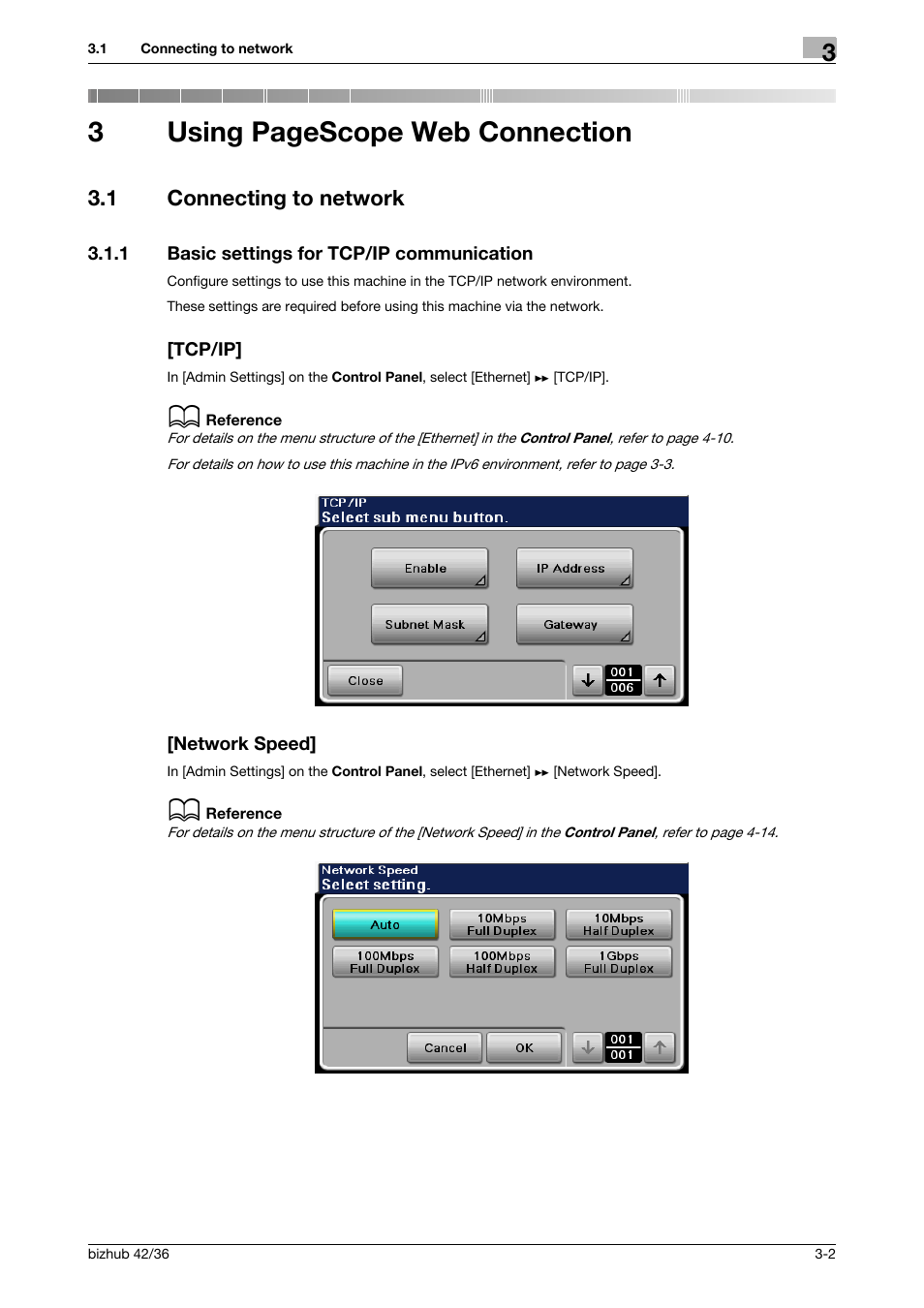 1 connecting to network, 1 basic settings for tcp/ip communication, Tcp/ip | Network speed, Connecting to network -2, 3using pagescope web connection | Konica Minolta bizhub 42 User Manual | Page 20 / 284