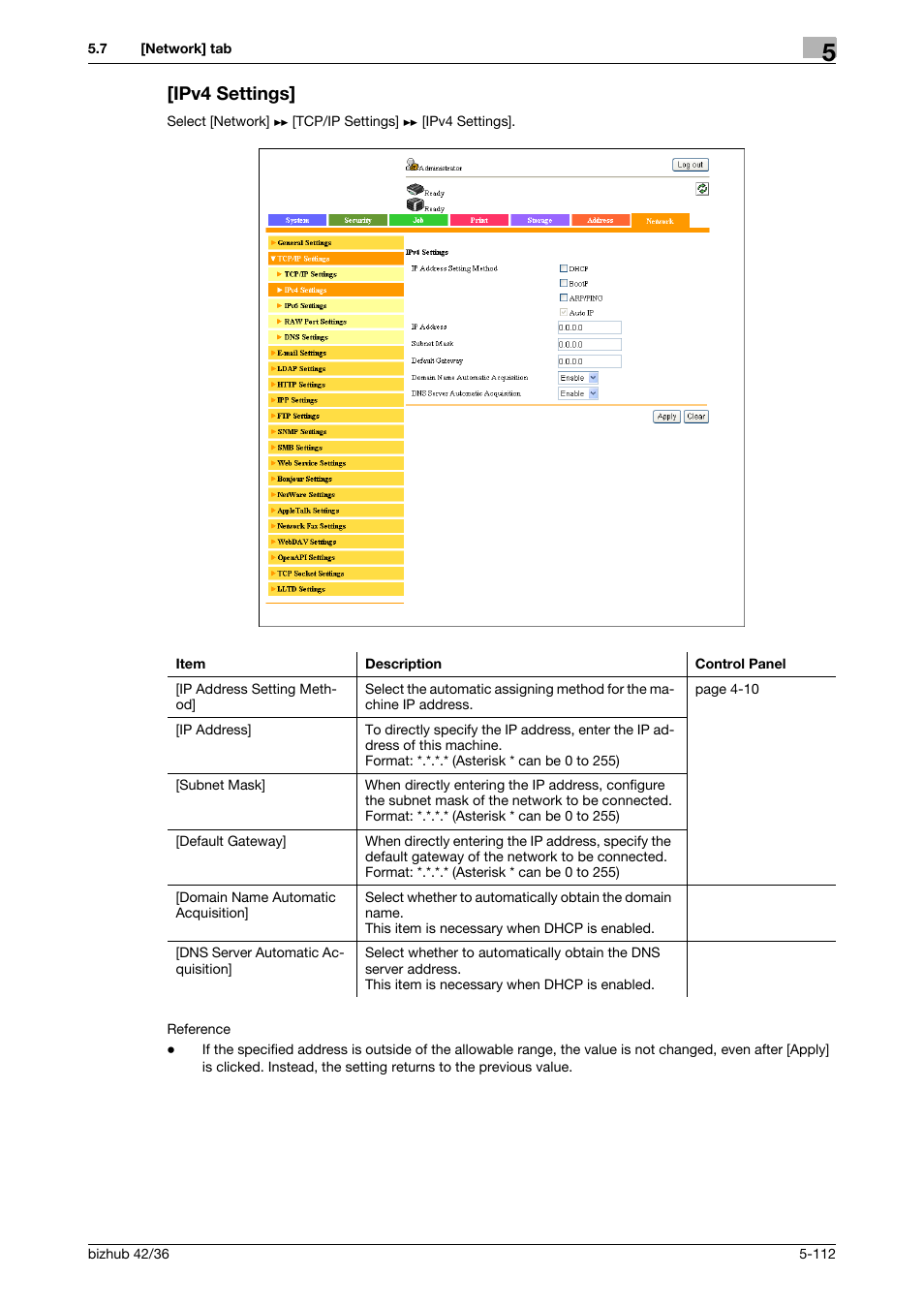 Ipv4 settings, Ipv4 settings] -112 | Konica Minolta bizhub 42 User Manual | Page 200 / 284