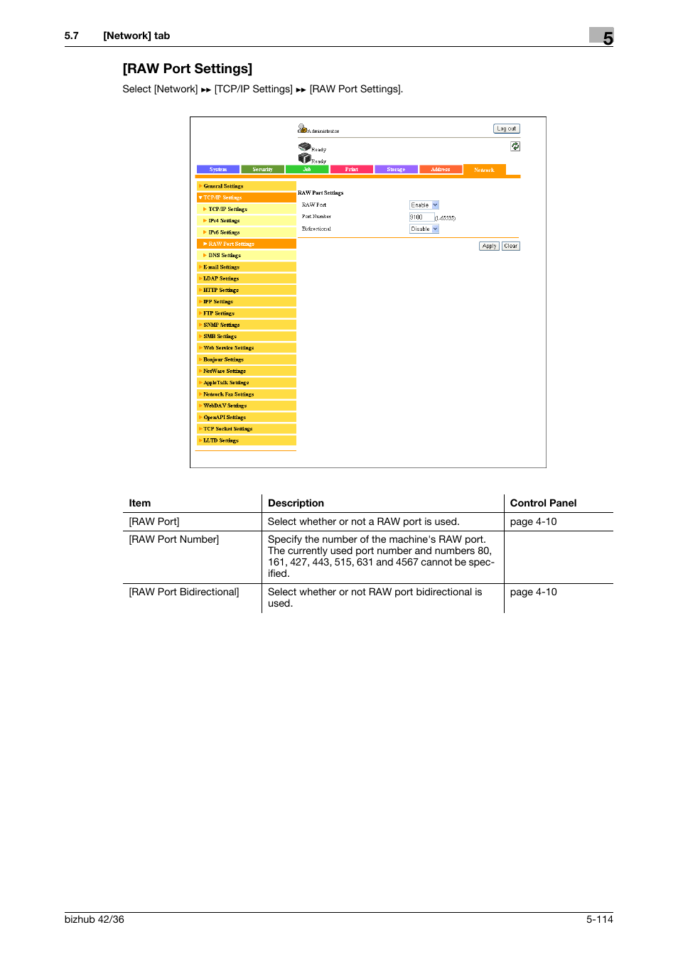 Raw port settings, Raw port settings] -114 | Konica Minolta bizhub 42 User Manual | Page 202 / 284