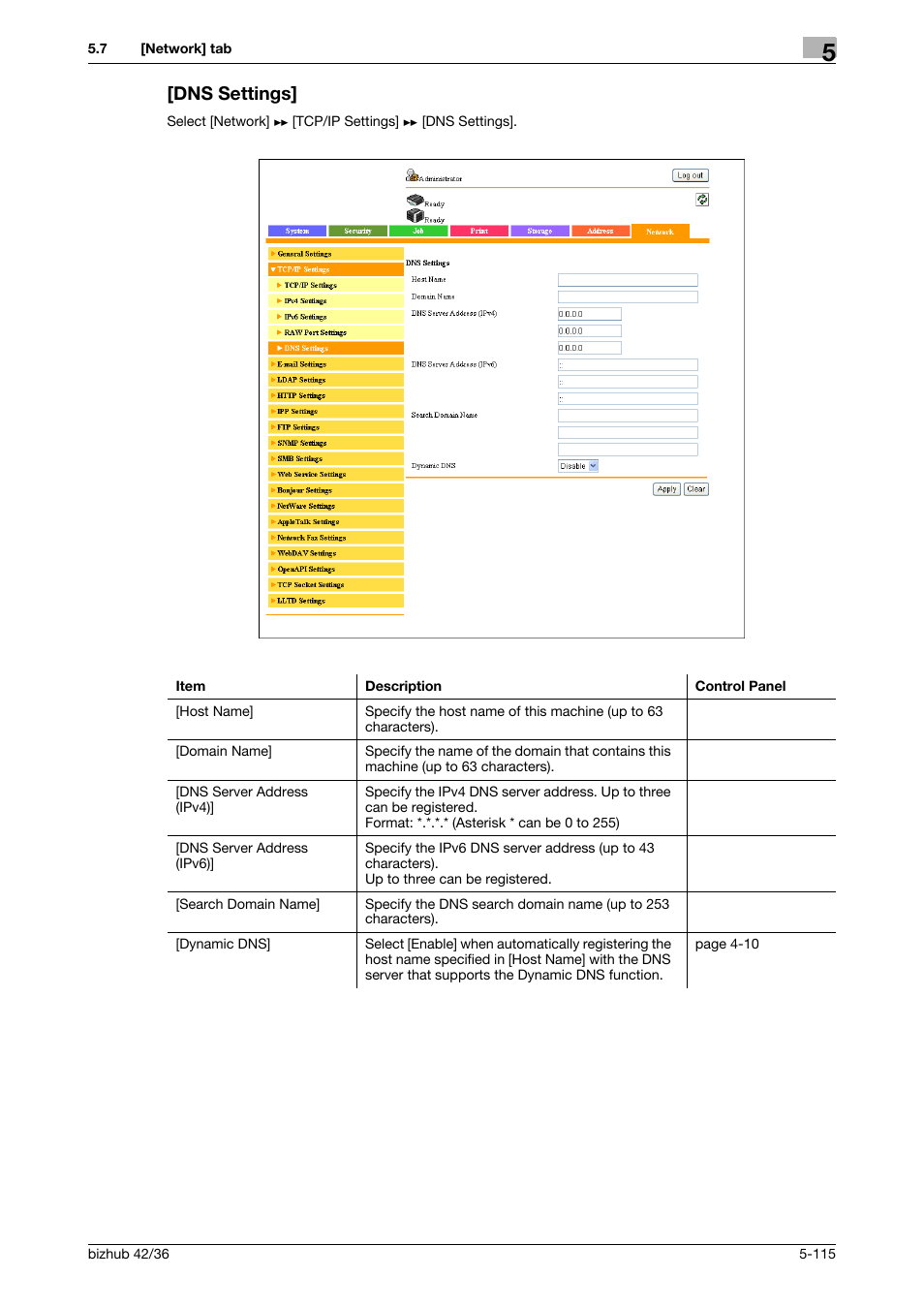 Dns settings, Dns settings] -115 | Konica Minolta bizhub 42 User Manual | Page 203 / 284