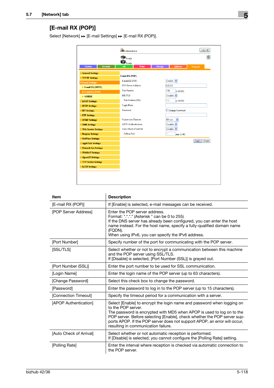 E-mail rx (pop), E-mail rx (pop)] -118 | Konica Minolta bizhub 42 User Manual | Page 206 / 284