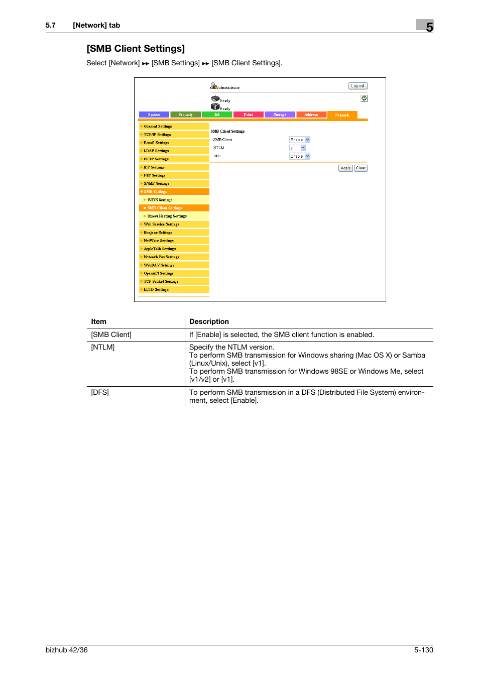 Smb client settings, Smb client settings] -130 | Konica Minolta bizhub 42 User Manual | Page 218 / 284