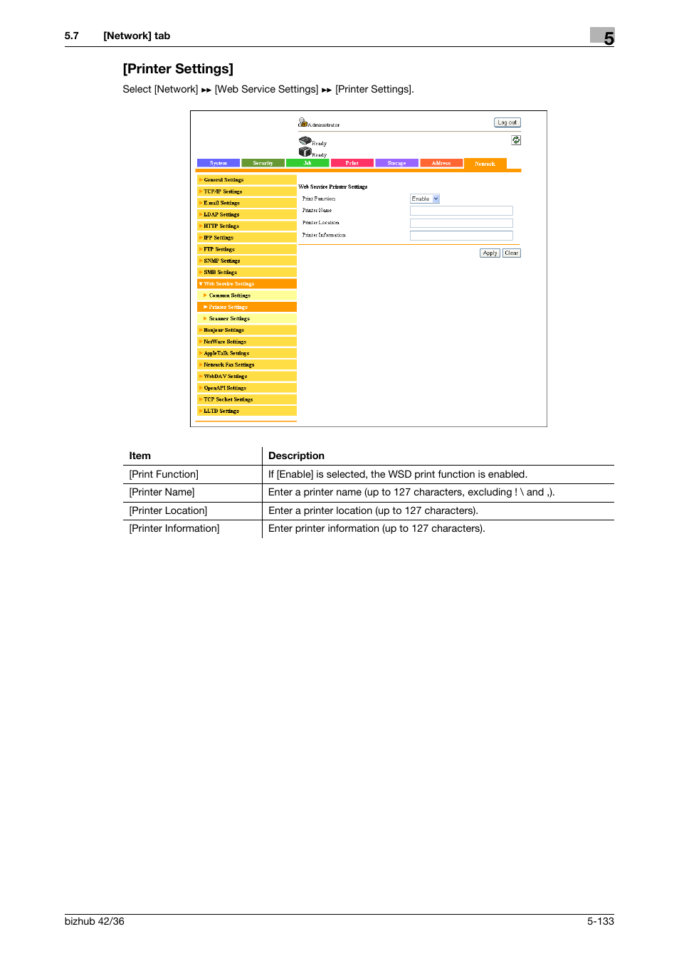 Printer settings, Printer settings] -133 | Konica Minolta bizhub 42 User Manual | Page 221 / 284