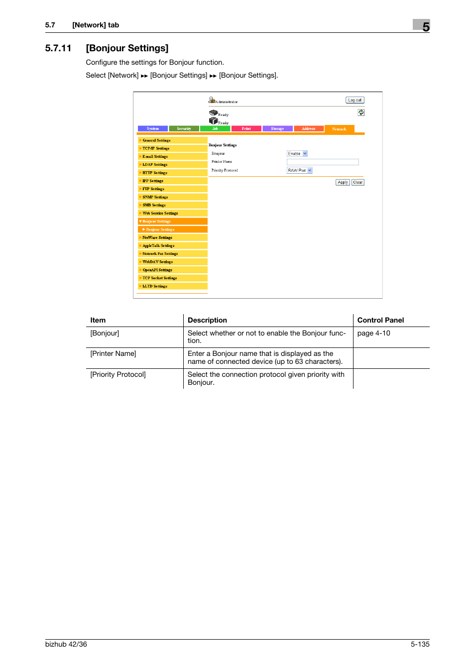 11 [bonjour settings, Bonjour settings] -135 | Konica Minolta bizhub 42 User Manual | Page 223 / 284