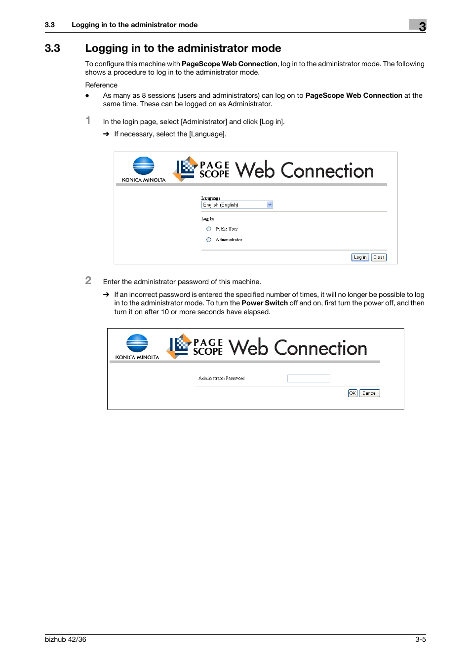 3 logging in to the administrator mode, Logging in to the administrator mode -5 | Konica Minolta bizhub 42 User Manual | Page 23 / 284