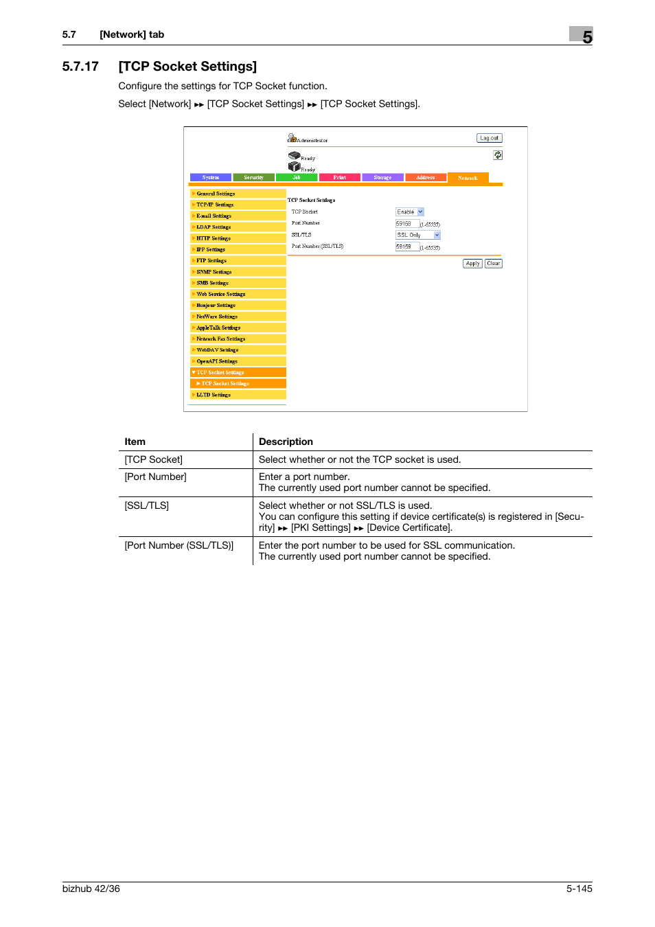 17 [tcp socket settings, Tcp socket settings] -145 | Konica Minolta bizhub 42 User Manual | Page 233 / 284