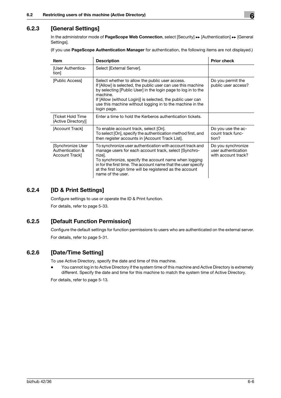 3 [general settings, 4 [id & print settings, 5 [default function permission | 6 [date/time setting, General settings] -6, Id & print settings] -6, Default function permission] -6, Date/time setting] -6, General settings, Id & print settings | Konica Minolta bizhub 42 User Manual | Page 240 / 284