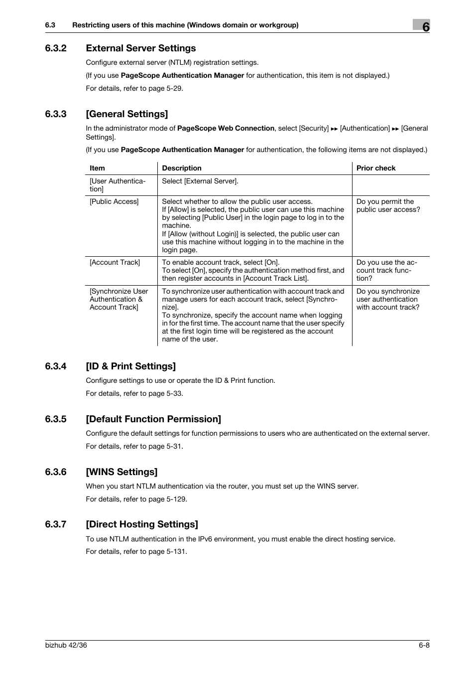 2 external server settings, 3 [general settings, 4 [id & print settings | 5 [default function permission, 6 [wins settings, 7 [direct hosting settings, External server settings -8, General settings] -8, Id & print settings] -8, Default function permission] -8 | Konica Minolta bizhub 42 User Manual | Page 242 / 284