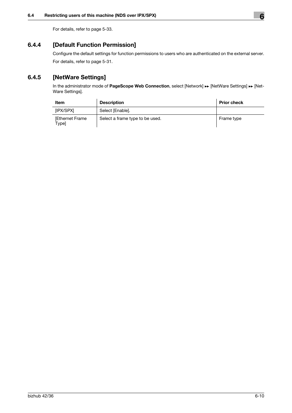 4 [default function permission, 5 [netware settings, Default function permission] -10 | Netware settings] -10, Default function permis, Sion, Netware settings | Konica Minolta bizhub 42 User Manual | Page 244 / 284