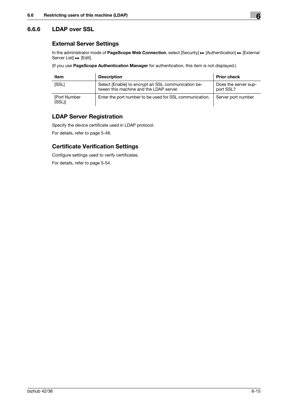 6 ldap over ssl, External server settings, Ldap server registration | Certificate verification settings, Ldap over ssl, 6 ldap over ssl external server settings | Konica Minolta bizhub 42 User Manual | Page 249 / 284