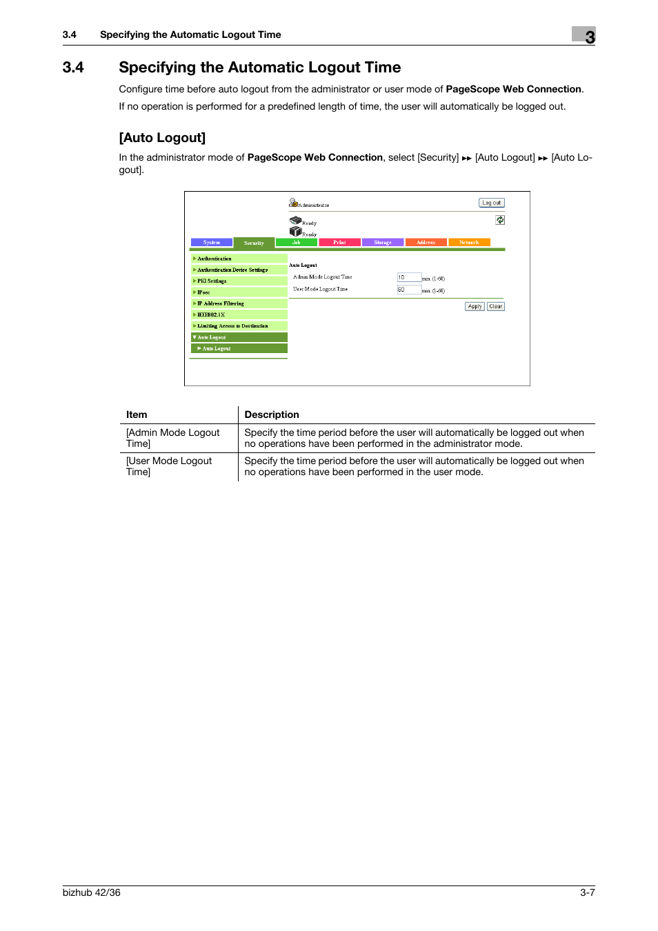 4 specifying the automatic logout time, Auto logout | Konica Minolta bizhub 42 User Manual | Page 25 / 284