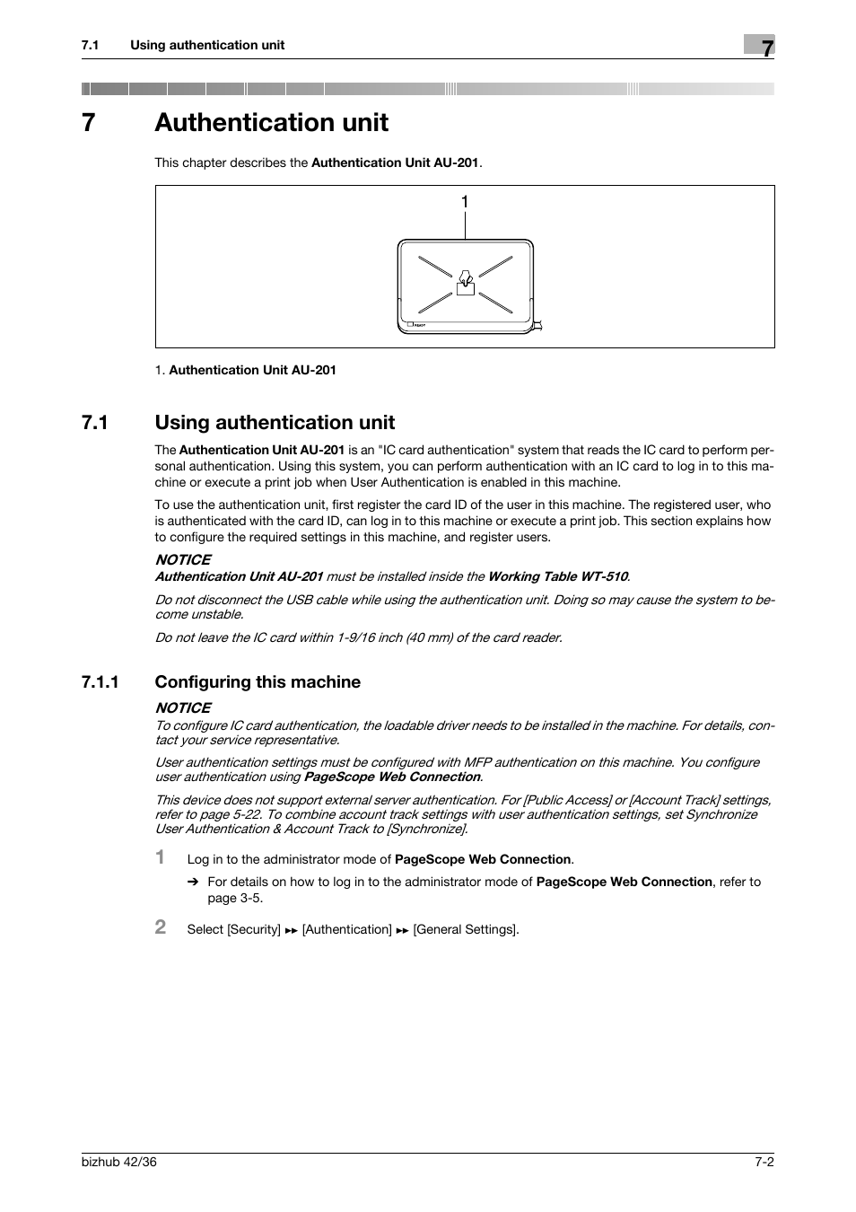 7 authentication unit, 1 using authentication unit, 1 configuring this machine | Authentication unit, Using authentication unit -2, Configuring this machine -2, 7authentication unit | Konica Minolta bizhub 42 User Manual | Page 251 / 284