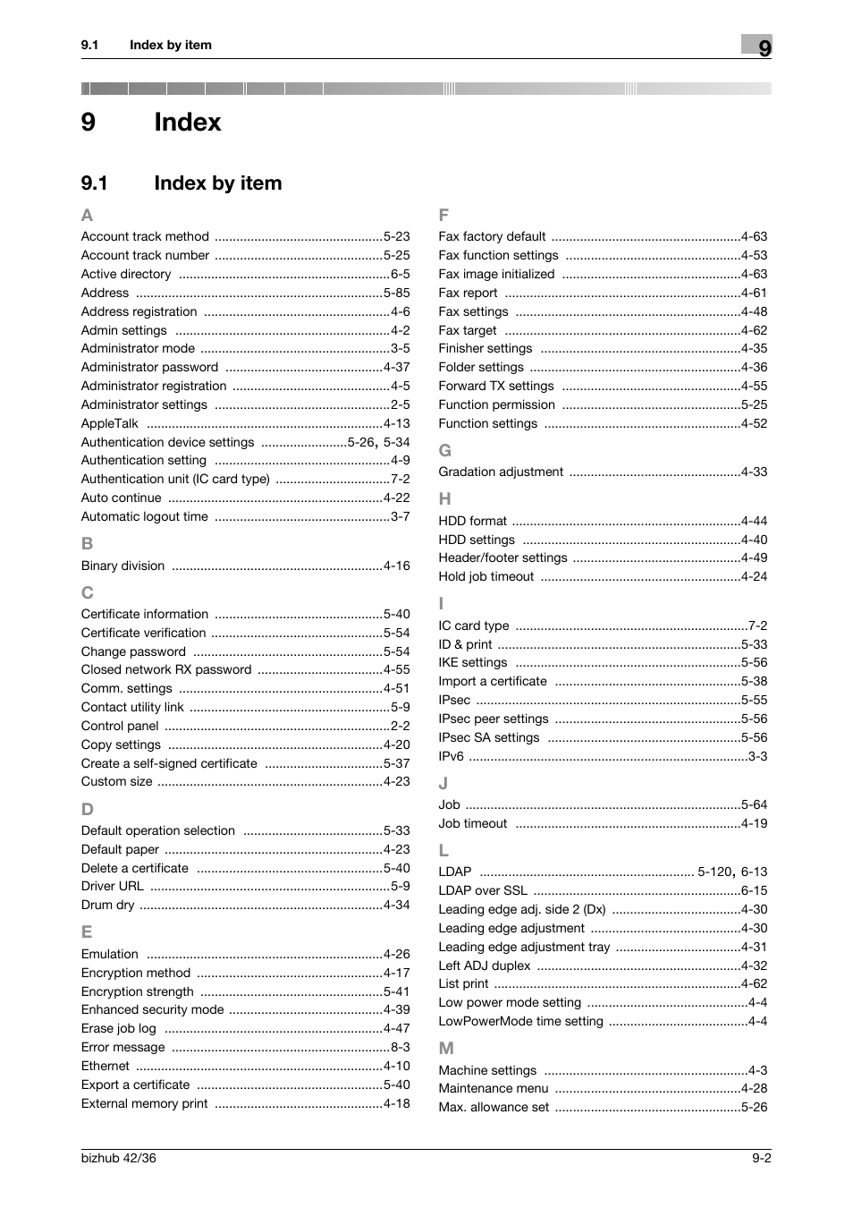 9 index, 1 index by item, Index | Index by item -2, 9index | Konica Minolta bizhub 42 User Manual | Page 278 / 284