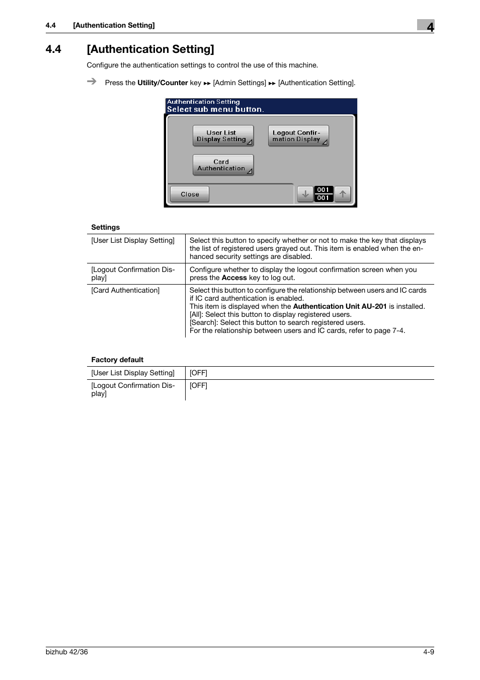 4 [authentication setting, Authentication setting] -9 | Konica Minolta bizhub 42 User Manual | Page 34 / 284