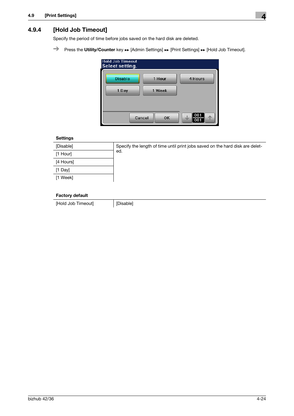 4 [hold job timeout, Hold job timeout] -24 | Konica Minolta bizhub 42 User Manual | Page 49 / 284