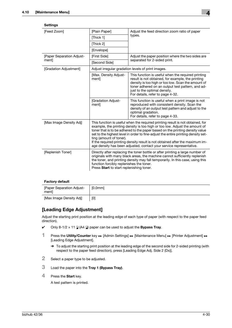 Leading edge adjustment, Leading edge adjustment] -30 | Konica Minolta bizhub 42 User Manual | Page 55 / 284