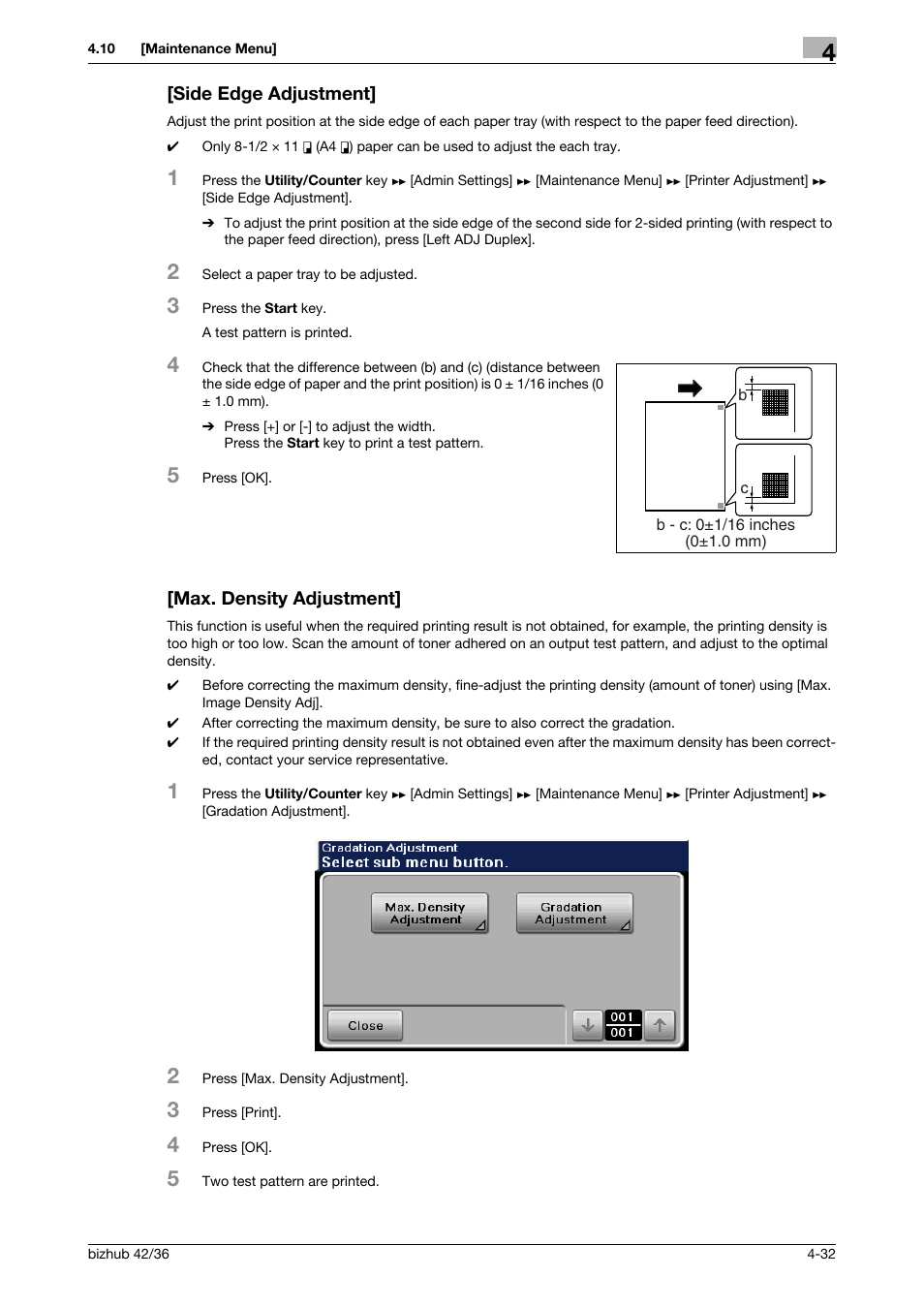 Side edge adjustment, Max. density adjustment | Konica Minolta bizhub 42 User Manual | Page 57 / 284