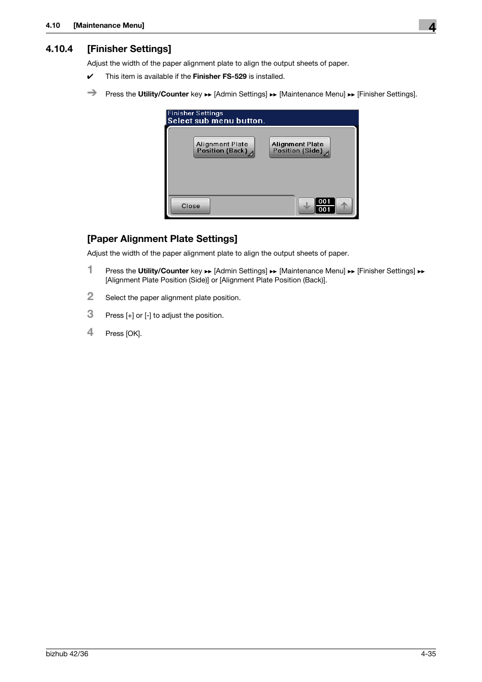 4 [finisher settings, Paper alignment plate settings | Konica Minolta bizhub 42 User Manual | Page 60 / 284