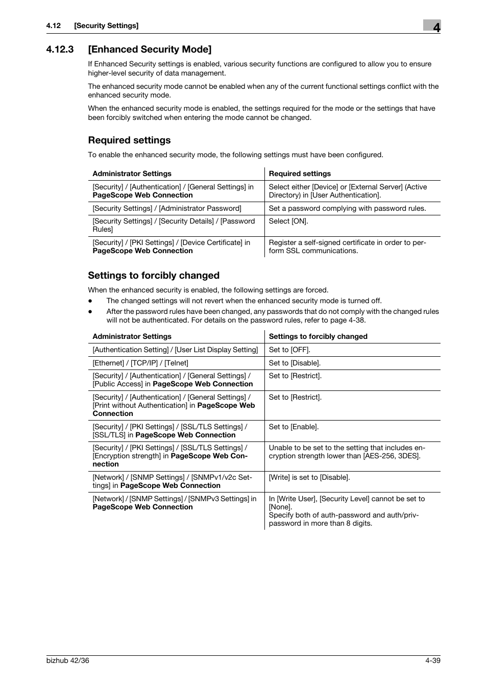 3 [enhanced security mode, Required settings, Settings to forcibly changed | Konica Minolta bizhub 42 User Manual | Page 64 / 284