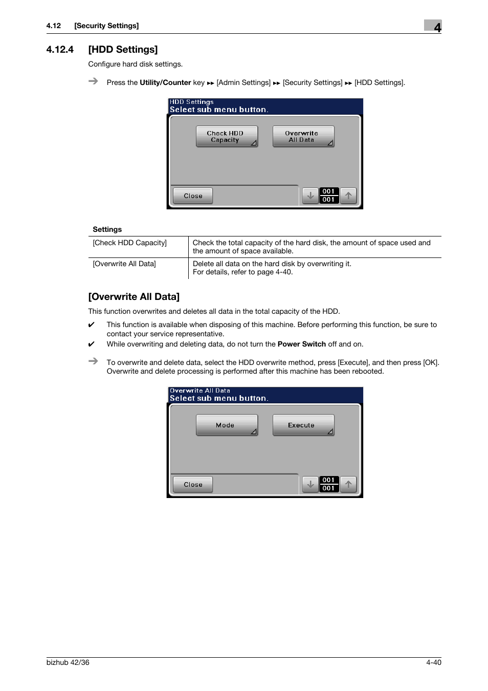 4 [hdd settings, Overwrite all data, Hdd settings] -40 [overwrite all data] -40 | Konica Minolta bizhub 42 User Manual | Page 65 / 284