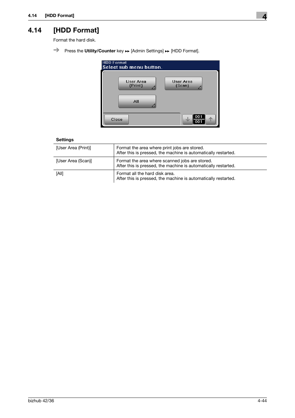 14 [hdd format, Hdd format] -44 | Konica Minolta bizhub 42 User Manual | Page 69 / 284