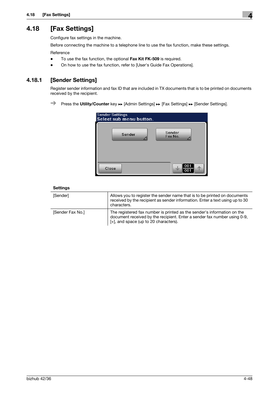 18 [fax settings, 1 [sender settings, Fax settings] -48 | Sender settings] -48 | Konica Minolta bizhub 42 User Manual | Page 73 / 284