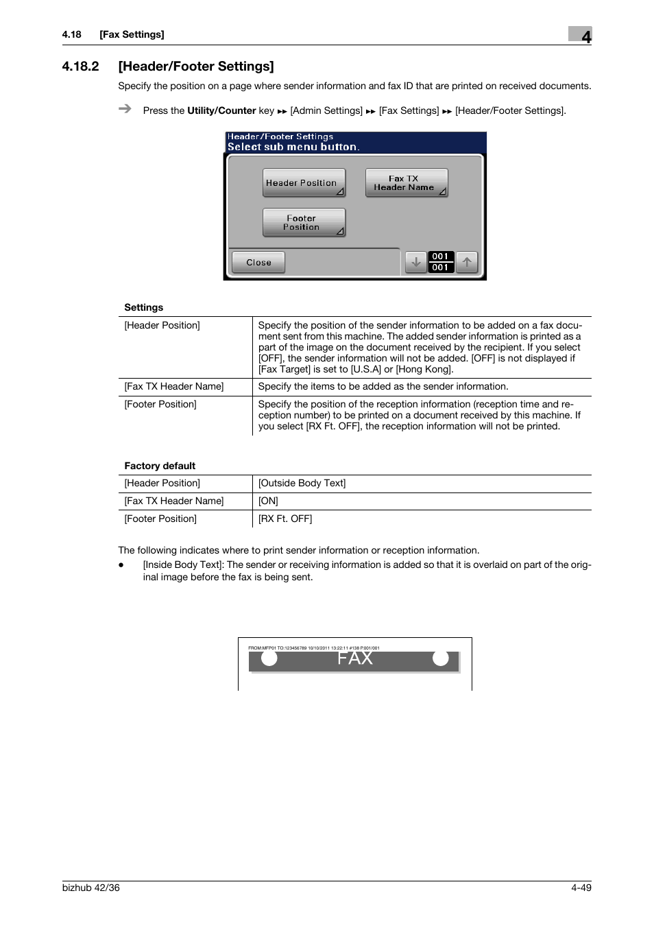 2 [header/footer settings, Header/footer settings] -49 | Konica Minolta bizhub 42 User Manual | Page 74 / 284