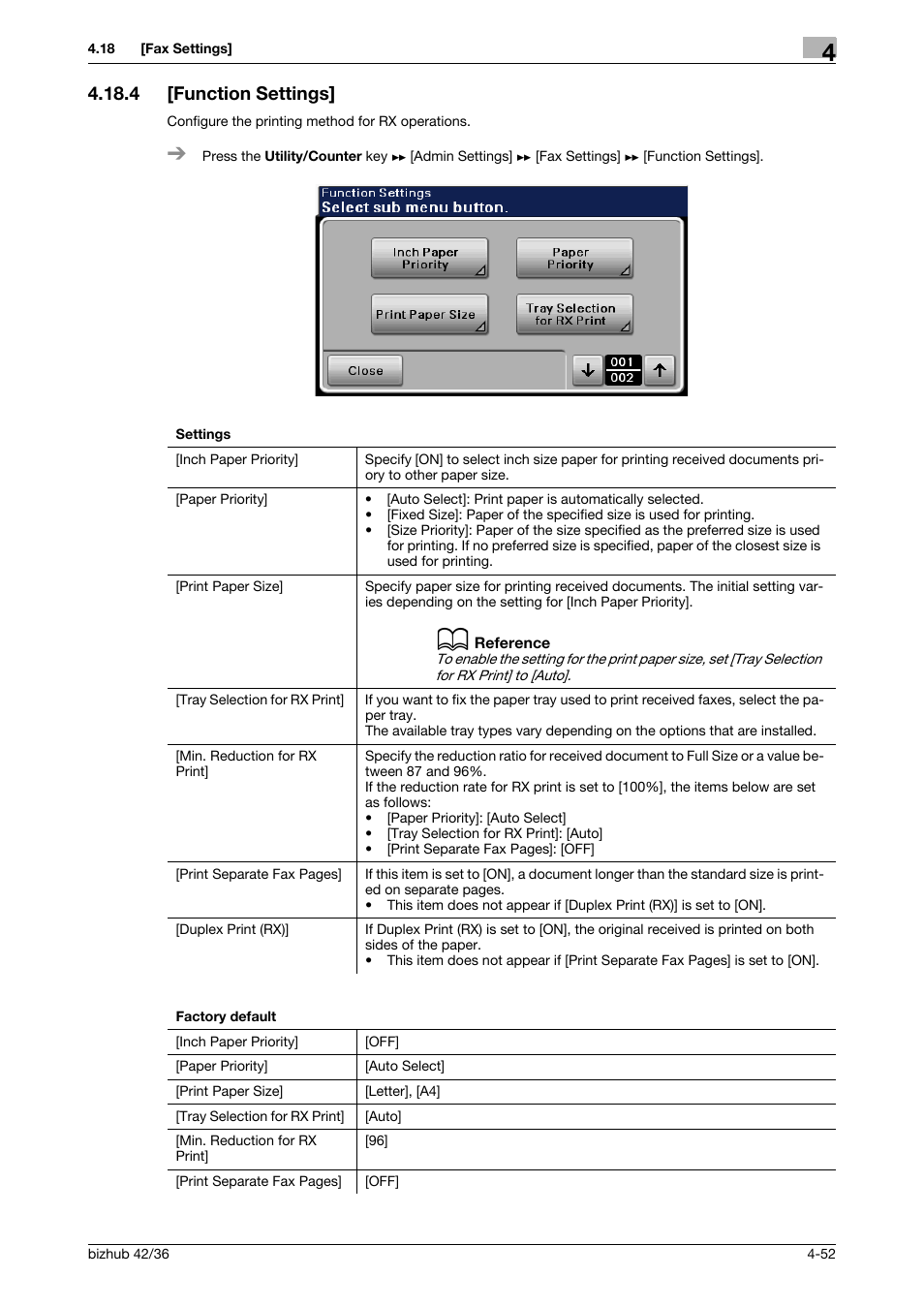 4 [function settings, Function settings] -52 | Konica Minolta bizhub 42 User Manual | Page 77 / 284