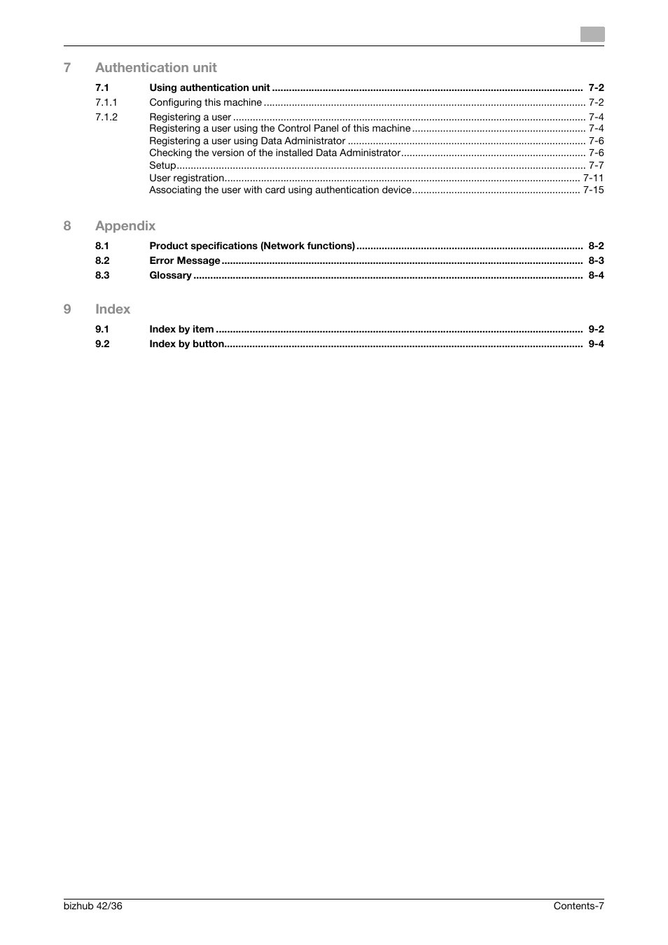 7authentication unit, 8appendix, 9index | Konica Minolta bizhub 42 User Manual | Page 8 / 284