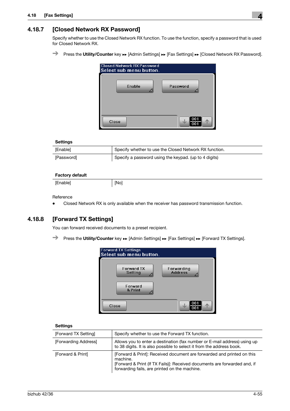 7 [closed network rx password, 8 [forward tx settings, Closed network rx password] -55 | Forward tx settings] -55 | Konica Minolta bizhub 42 User Manual | Page 80 / 284