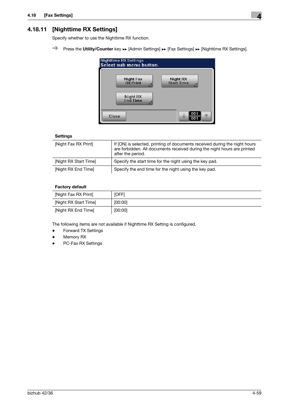 11 [nighttime rx settings, Nighttime rx settings] -59 | Konica Minolta bizhub 42 User Manual | Page 84 / 284