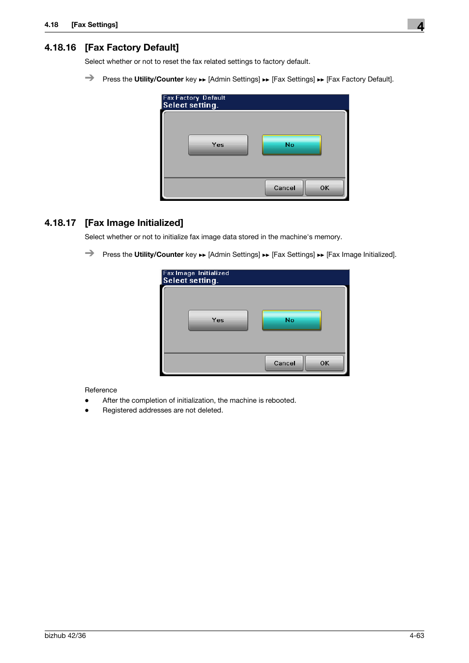 16 [fax factory default, 17 [fax image initialized, Fax factory default] -63 | Fax image initialized] -63 | Konica Minolta bizhub 42 User Manual | Page 88 / 284