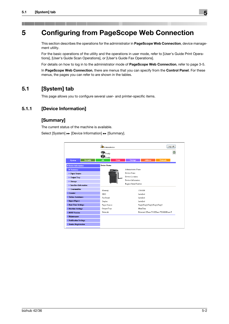 1 [system] tab, 1 [device information, Summary | System] tab -2, Device information] -2 [summary] -2, 5configuring from pagescope web connection | Konica Minolta bizhub 42 User Manual | Page 90 / 284